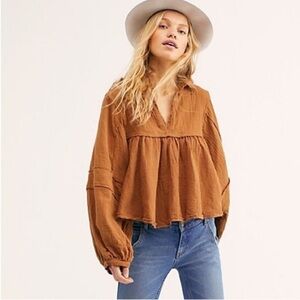 Free People Silver Linings Brown Peplum Blouse size small